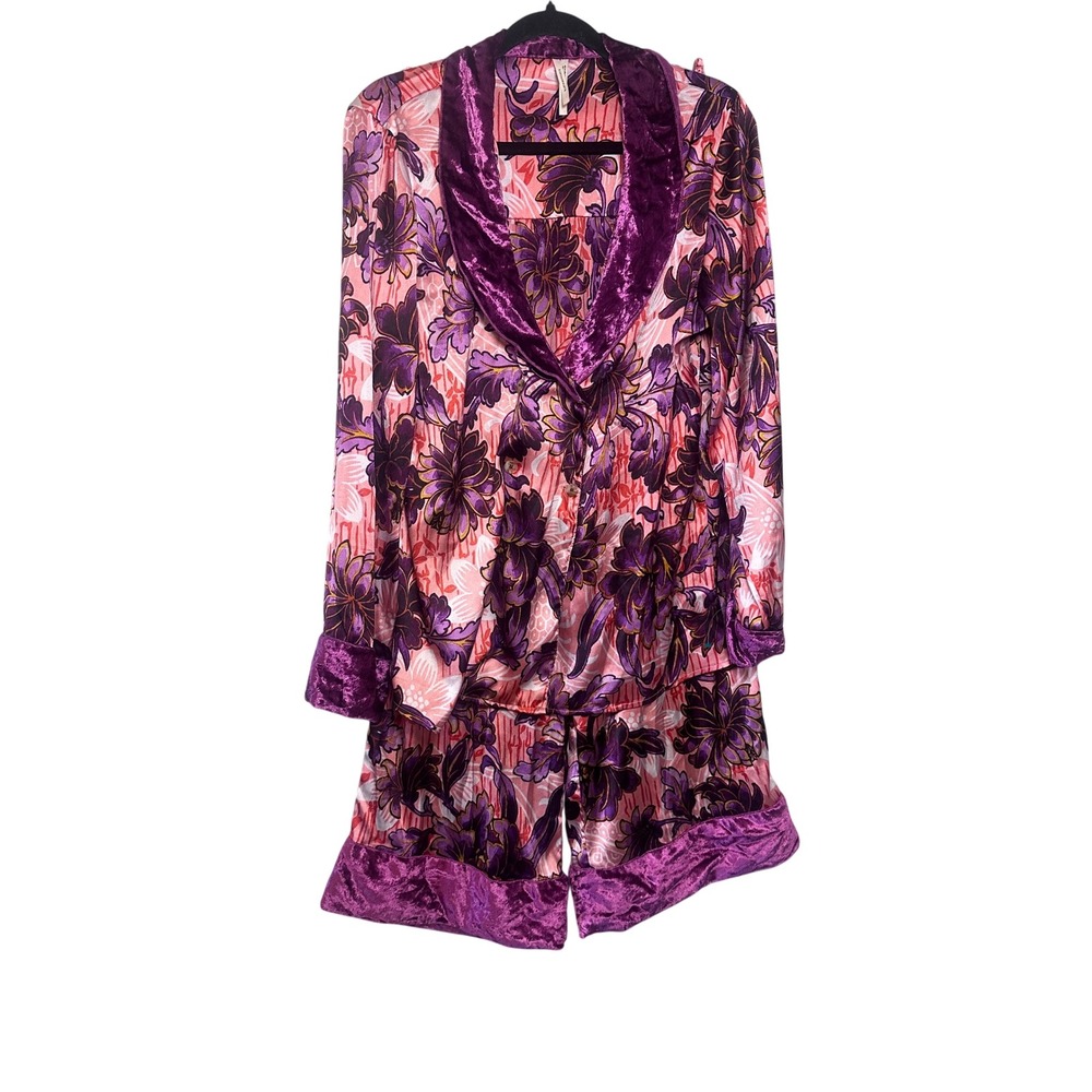 Anthropologie Floral Pajama Set Purple Pink Velvet Trim Button Front Medium